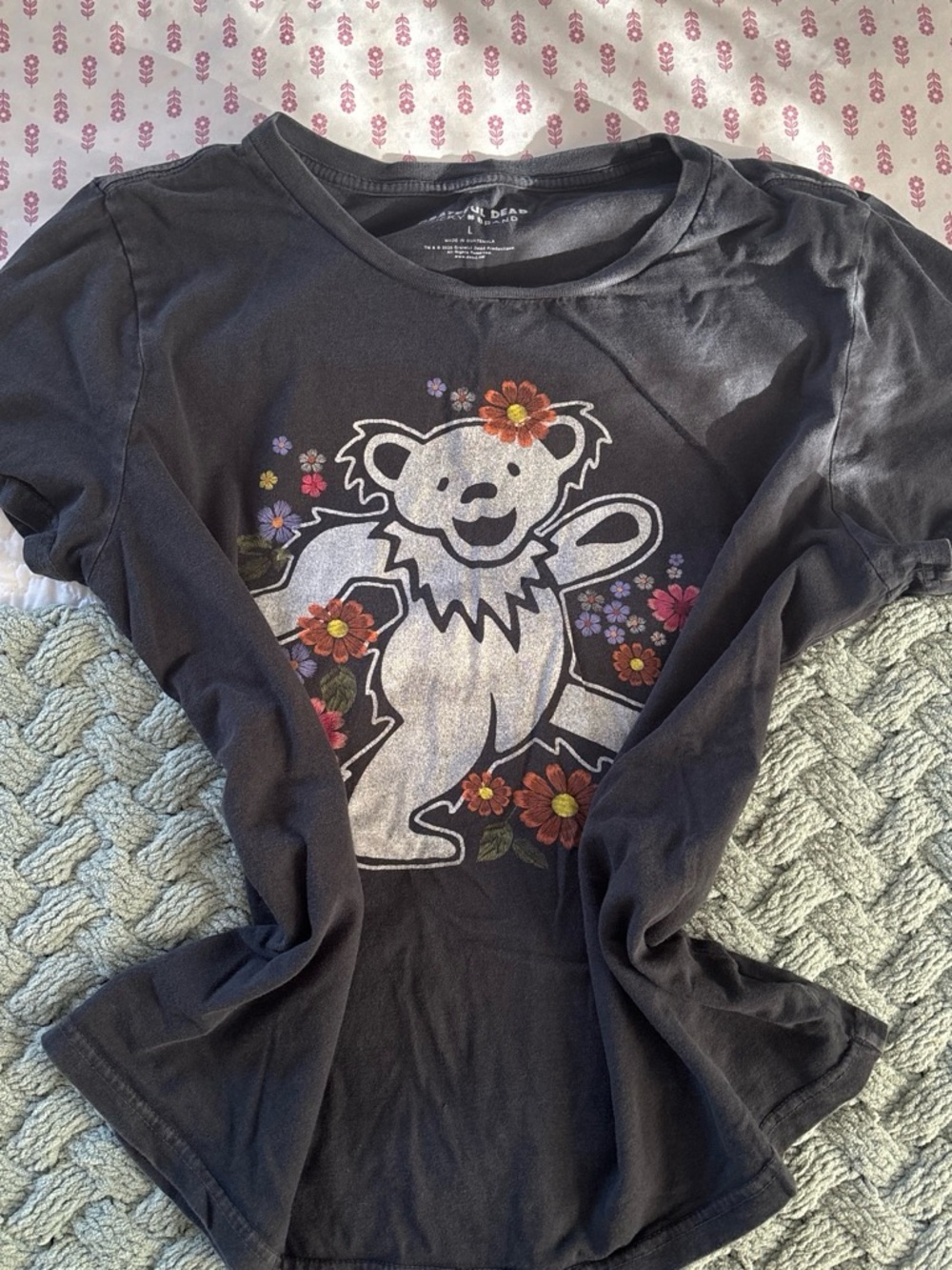 Lucky Brand Black Short Sleeve Tee with Dancing Bear and Floral Graphic